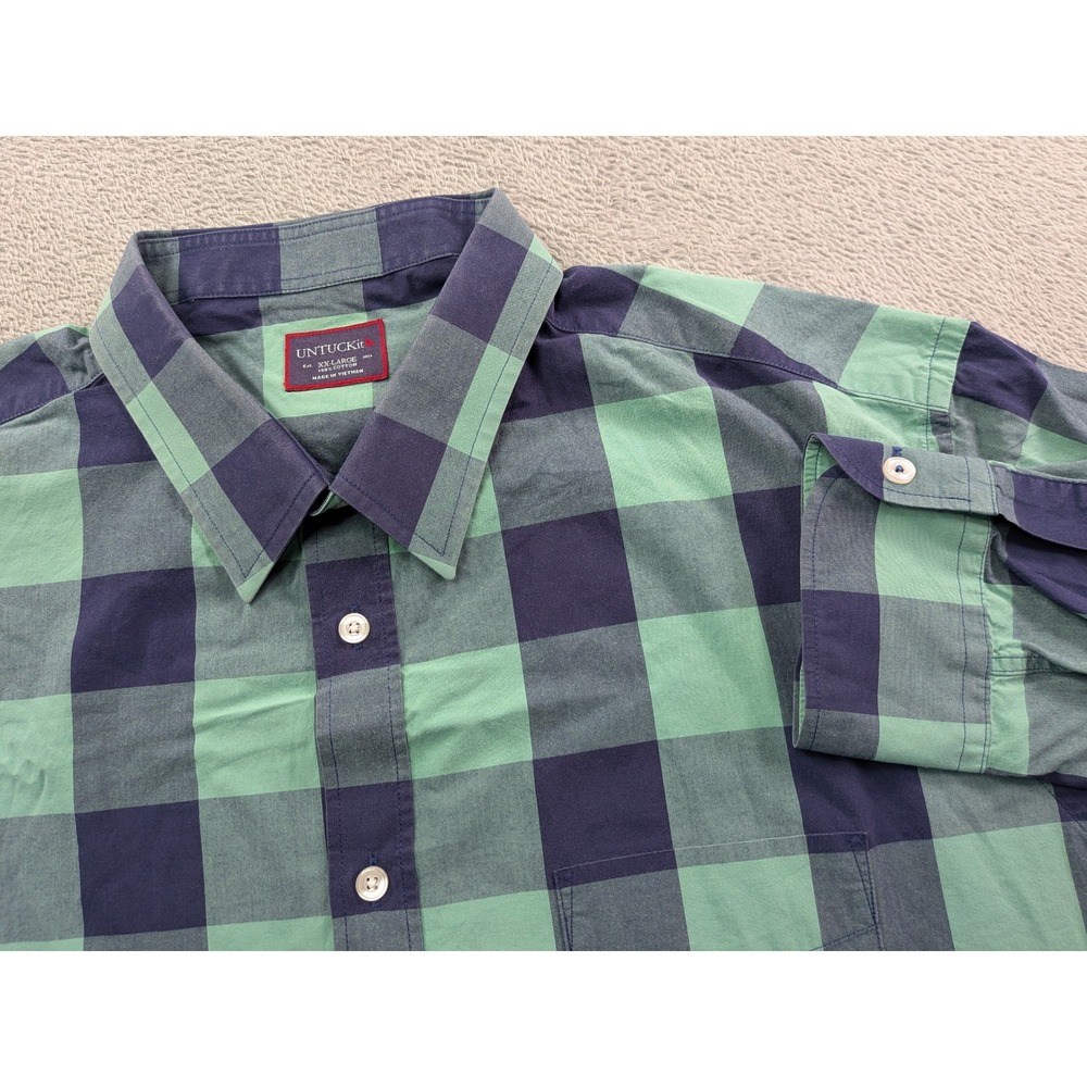 UNTUCKit Mens XXL Long Sleeve Cotton Button Down Shirt Green Navy Buffalo Check